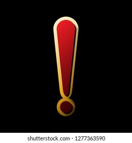 Attention sign illustration. Vector. Red icon with small black and limitless shadows at golden sticker on black background.
