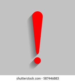Attention sign illustration. Vector. Red icon with soft shadow on gray background.