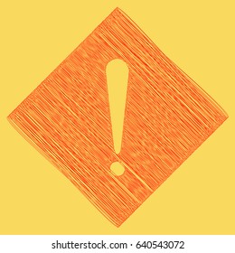 Attention sign illustration. Vector. Red scribble icon obtained as a result of subtraction rhomb and path. Royal yellow background.