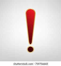 Attention sign illustration. Vector. Red icon on gold sticker at light gray background.