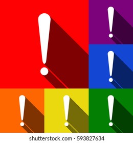 Attention sign illustration. Vector. Set of icons with flat shadows at red, orange, yellow, green, blue and violet background.