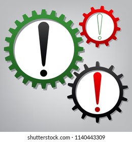 Attention sign illustration. Vector. Three connected gears with icons at grayish background.