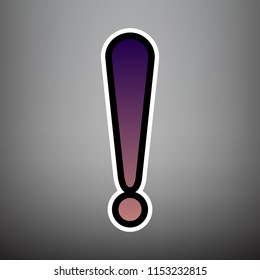 Attention sign illustration. Vector. Violet gradient icon with black and white linear edges at gray background.