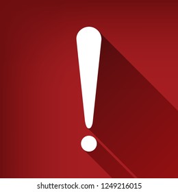 Attention sign illustration. Vector. White icon with limitless shadow at ruby red background.