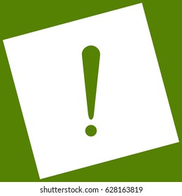Attention sign illustration. Vector. White icon obtained as a result of subtraction rotated square and path. Avocado background.