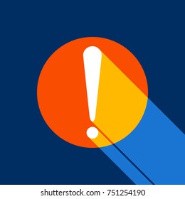 Attention sign illustration. Vector. White icon on tangelo circle with infinite shadow of light at cool black background. Selective yellow and bright navy blue are produced.