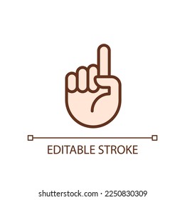 Attention sign pixel perfect RGB color icon. Raised up index finger. Informative hand gesture. Isolated vector illustration. Simple filled line drawing. Editable stroke. Arial font used