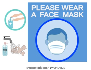 Attention sign ,PLEASE WEAR A FACE MASK black and blue background, warning or caution sign.