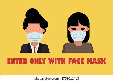 Attention sign, please wear mask avoid covid-19 virus on yellow background. Stock vector illustration in flat.