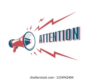 Attention sign with retro megaphone. Vector vintage megaphone isolated on the white background.