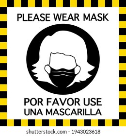 An attention sign said PLEASE WEAR MASK both English and Spanish. There’s a man wearing a face mask in a circle at the center.