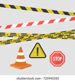 Attention signs set. Police tapes, road signs and equipment / flat editable vector illustration, clip art