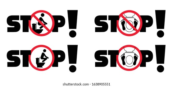 Attention sit on toilet seat Beware do not stand or step on toilets seats. Vector toilet bowl symbol or pictogram. Stop, no ban Forbidden warning board. Caution, forbid footstep, foot or shoe icon.