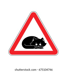 Attention Sleeping cat. Caution pet. Red triangle road sign
