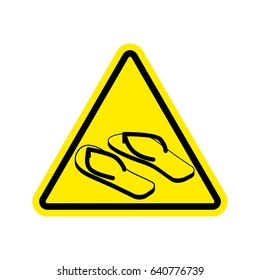 Attention slippers. Caution beach shoes. Yellow triangle road sign

