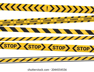 Attention stop danger tape line in yellow and black. Vector illustration of striped yellow lines indicating danger, investigation scene, barricade or accidents.