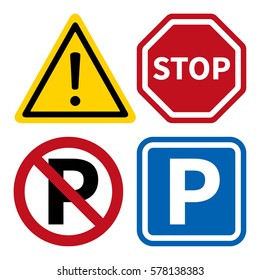 Attention, Stop, No Parking and Parking traffic signs