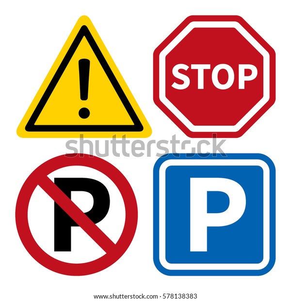 注意 停车 禁止停车及停车场交通标志库存矢量图 免版税