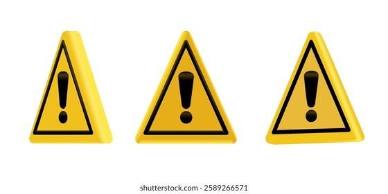 Attention symbol 3d render. Vector clip art. Triangle yellow sign isolated on white background.