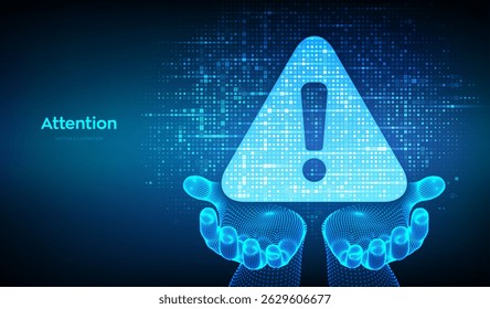 Attention symbol made with binary code in wireframe hands. Danger Sign. Virus Alert. Streaming binary code background. Computer Hacked Error Concept. Hacking Piracy Risk. Vector Illustration.