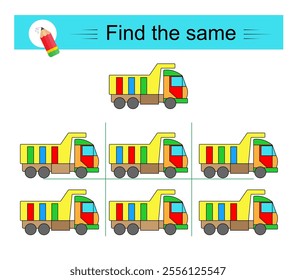 Attention task. Need to find the same of object. Cartoon truck.