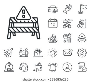 Attention triangle sign. Salaryman, gender equality and alert bell outline icons. Warning road sign line icon. Caution alert symbol. Warning road line sign. Spy or profile placeholder icon. Vector