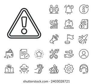 Attention triangle sign. Salaryman, gender equality and alert bell outline icons. Warning line icon. Caution alert symbol. Warning line sign. Spy or profile placeholder icon. Vector