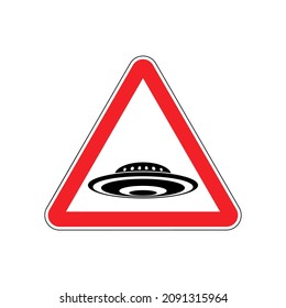 Attention UFO. Caution Unknown Flying Objec. Red Triangle Road Sign