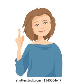 Attention! Vector illustration, young woman shows warning gesture.