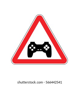 Attention video games. Dangers of red road sign Gamepad. Caution joystick. gadget console. videogame accessory