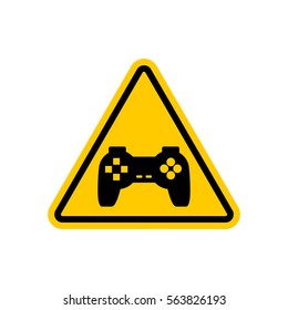 Attention video games. Dangers of yellow road sign Gamepad. Caution joystick. gadget console. videogame accessory