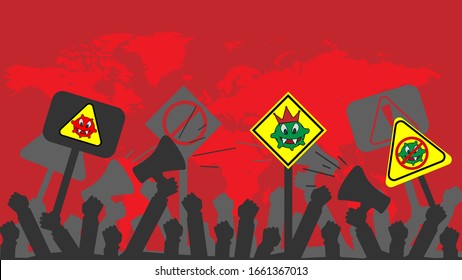 Attention virus. Protest against Coronavirus 2019-nC0V Outbreak. Angry crowd of people. Coronavirus outbreak. The virus attacks the respiratory tract, pandemic medical health risk. Vector.