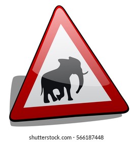 Attention walking elephants. Dangers of red road sign isolated on white background. Vector illustration close-up.