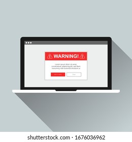 Attention warning alert sign with exclamation mark concept. Warning popup symbol design on laptop screen. flat vector illustration