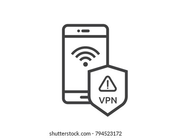 attention warning alert sign with exclamation mark symbol. shield line icon for Internet VPN Security protection Concept vector illustration.