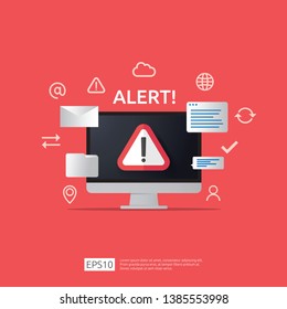 attention warning attacker alert sign with exclamation mark on computer monitor screen. beware alertness of internet danger symbol icon. Security VPN protection Concept. vector illustration.