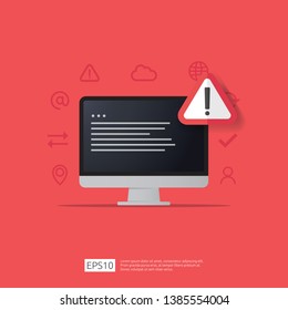 attention warning attacker alert sign with exclamation mark on computer monitor screen. beware alertness of internet danger symbol icon. Security VPN protection Concept. vector illustration.