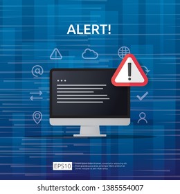 attention warning attacker alert sign with exclamation mark on computer monitor screen. beware alertness of internet danger symbol icon. Security VPN protection Concept. vector illustration.