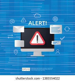attention warning attacker alert sign with exclamation mark on computer monitor screen. beware alertness of internet danger symbol icon. Security VPN protection Concept. vector illustration.