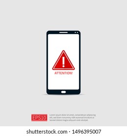 attention warning attacker alert sign with exclamation mark. beware alertness of internet danger symbol on phone screen. shield line icon for VPN. vector illustration