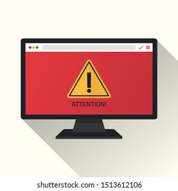 attention warning attacker alert sign with exclamation mark on monitor. beware alertness of internet danger symbol. shield line icon for VPN. Cyber security protection concept. vector illustration