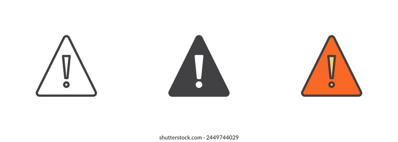Attention, warning different style icon set. Line, glyph and filled outline colorful version, outline and filled vector sign. Caution, alert symbol, logo illustration. Vector graphics