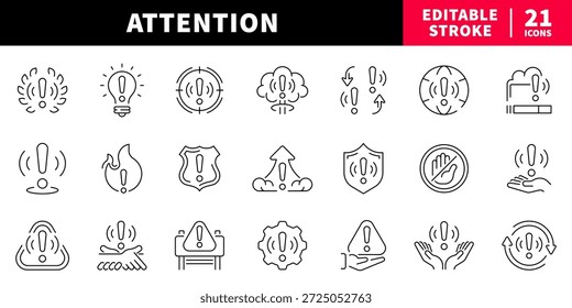 Conjunto de iconos de línea editables de atención y advertencia. símbolos de alerta y precaución