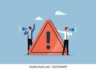 Attention or warning information, breaking news or urgent message communication with businessmen holding megaphone, important announcement