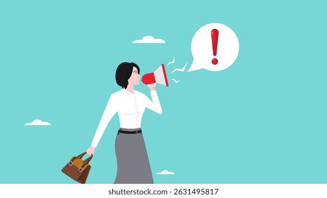 informação de atenção ou aviso, notícias de última hora ou comunicação de mensagem urgente, anúncio importante, mulher anuncia em megafone com o conceito de ponto de exclamação de atenção ilustração vetorial