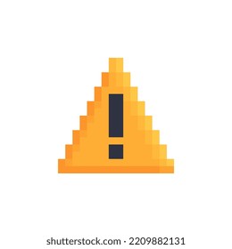 Attention, warning sign, exclamation mark pixel art icon. Stop sign, cartoon style, isolated vector illustration. Design for stickers, logo, web and mobile app.