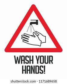 Attention Wash your hands before handling foods, before entering. 
 Mandatory sign in the red triangle. Hygiene rules vector illustration, poster.
