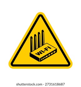 Attention WiFi router! Caution Wi-Fi Internet equipment icon. Yellow triangle danger sign Wi Fi network equipment symbol