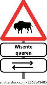 Attention wisent bison wild cattle crossing road wildlife accident accident traffic sign drawing illustration