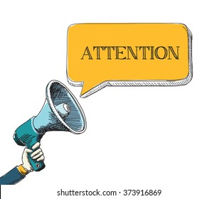 ATTENTION word in speech bubble with sketch drawing style